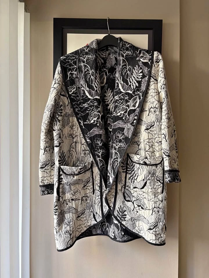 Unique Black and White Bird Print Quilted Jacket