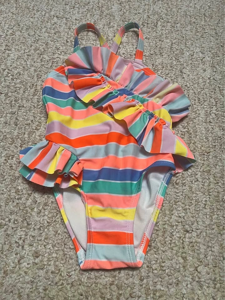 Cat & Jack 2T Girls Rainbow Stripe Ruffle One-Piece Swimsuit