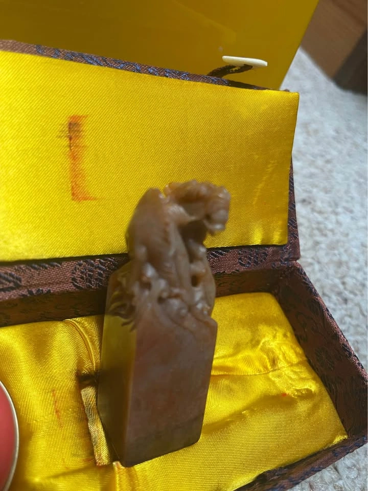 Vintage Chinese Carved Stone Seal Stamp Set w/ Ink Paste & Silk - photo 4
