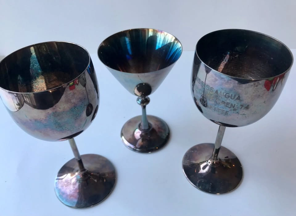 CLEARANCE 2 Patinated Silver Wine Goblets and 1 Silver Martini