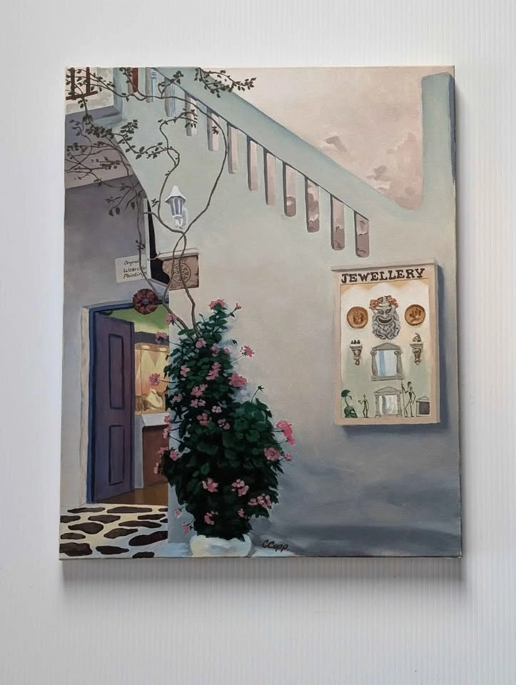 "Jewelry Store in Mykonos" Unframed 20x16 Oil Painting, Signed C - photo 5