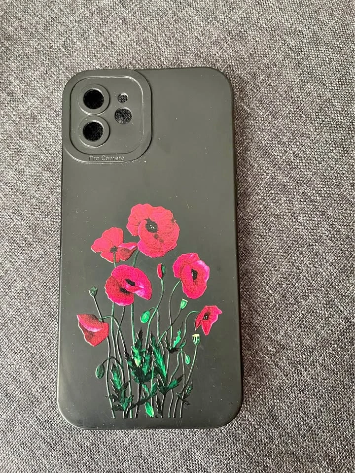 Black iPhone 12 Phone Case with Red Poppies