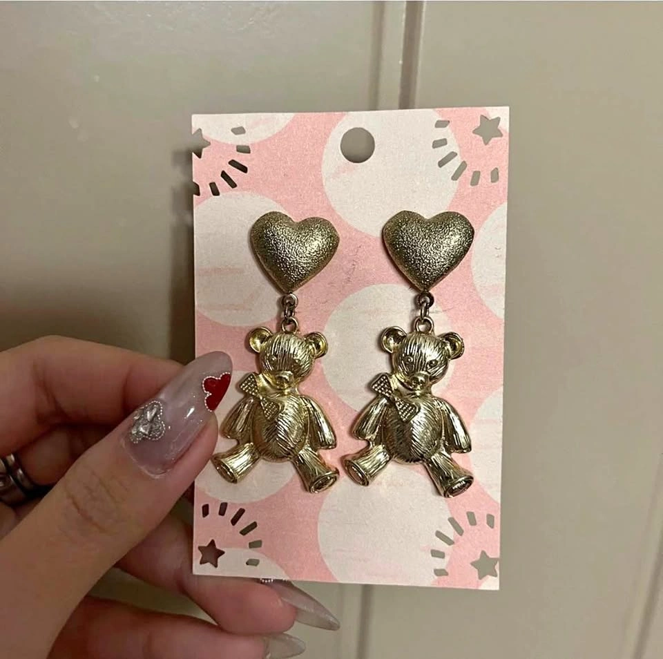 Gold Heart and Bear Dangle Earrings