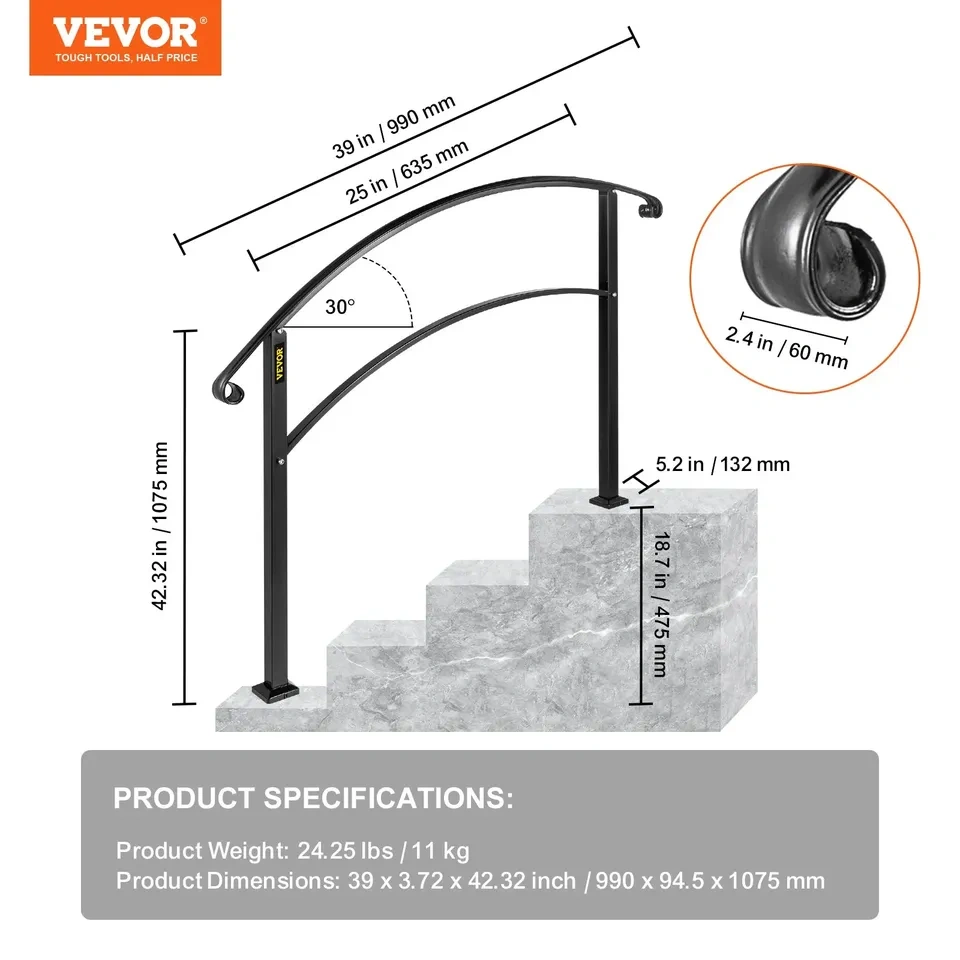 VEVOR Outdoor Handrail for 1-3 Steps - Black Wrought Iron - photo 2