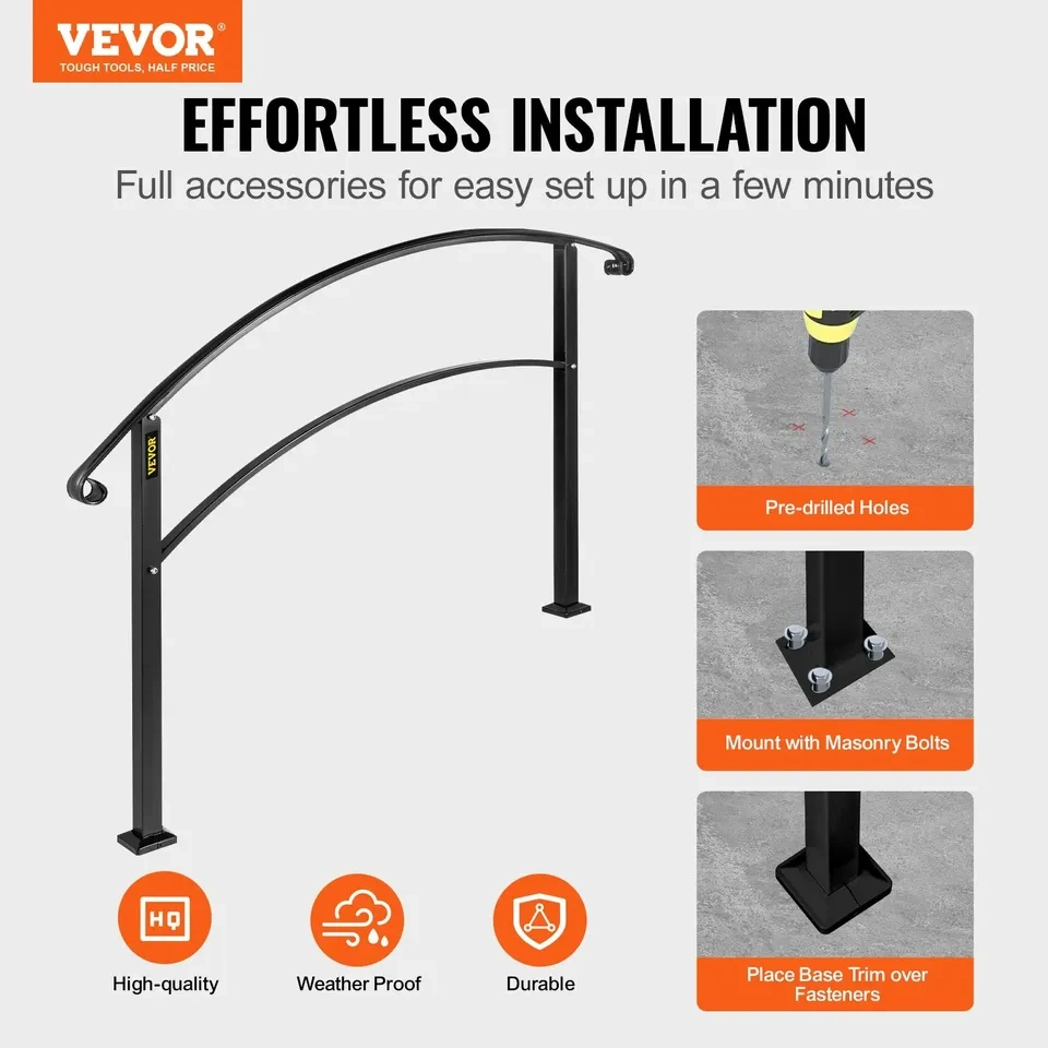 VEVOR Outdoor Handrail for 1-3 Steps - Black Wrought Iron - photo 3