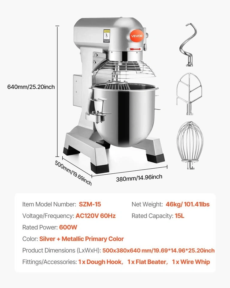VEVOR Commercial Food Mixer 15Qt 600W 3 Speeds Adjustable - photo 2