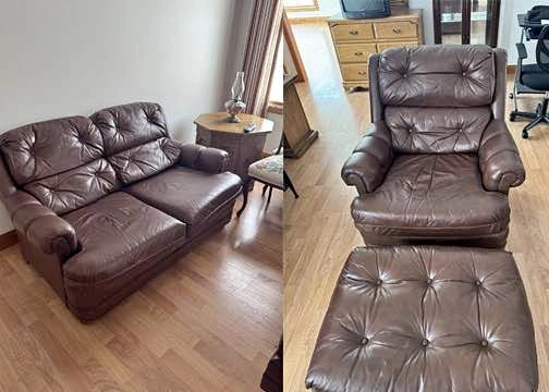 Leather loveseat, chair, and ottoman