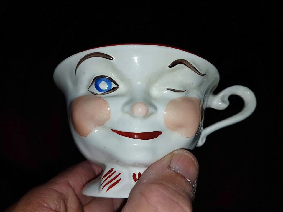 Vintage Staffordshire England Winking Face Teacups - Pair
