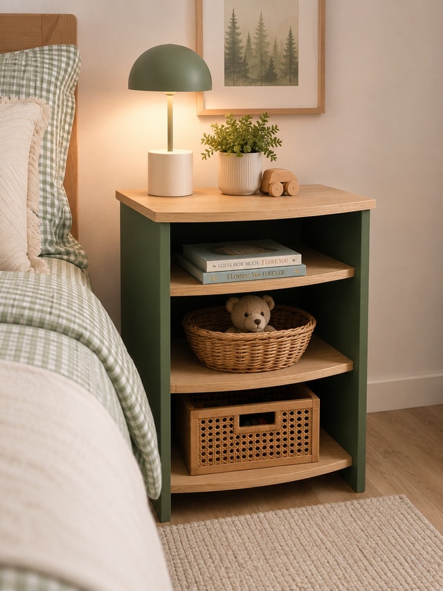 Refurbished green and natural wood side table