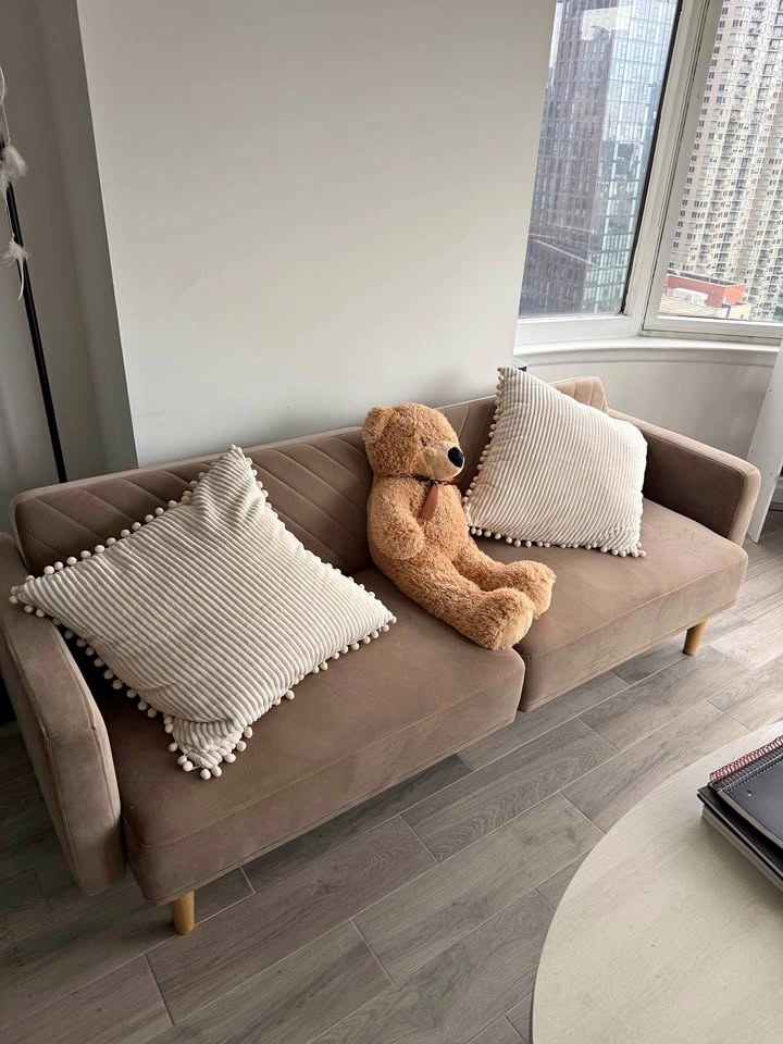 Mopio 76.4” Futon Sofa Bed – Beige/Brown Velvet | Pillows