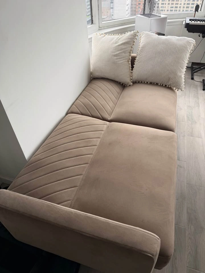 Mopio 76.4” Futon Sofa Bed – Beige/Brown Velvet | Pillows - photo 2