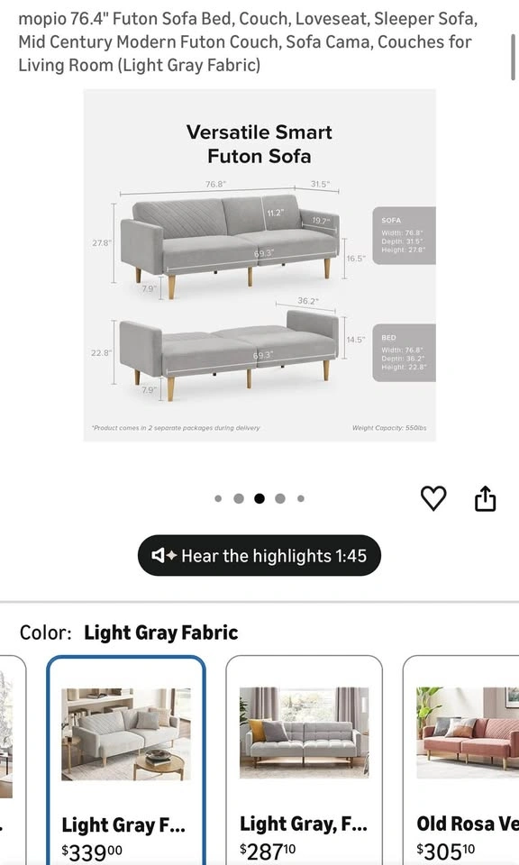Mopio 76.4” Futon Sofa Bed – Beige/Brown Velvet | Pillows - photo 4