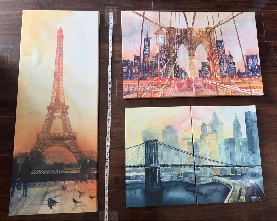Eiffel Tower & Brooklyn Bridge NYC Canvas Art Set - photo 2