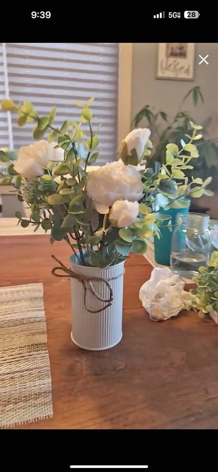 6 Sets White Rose Wedding Bouquet Centerpiece with Metal Vase