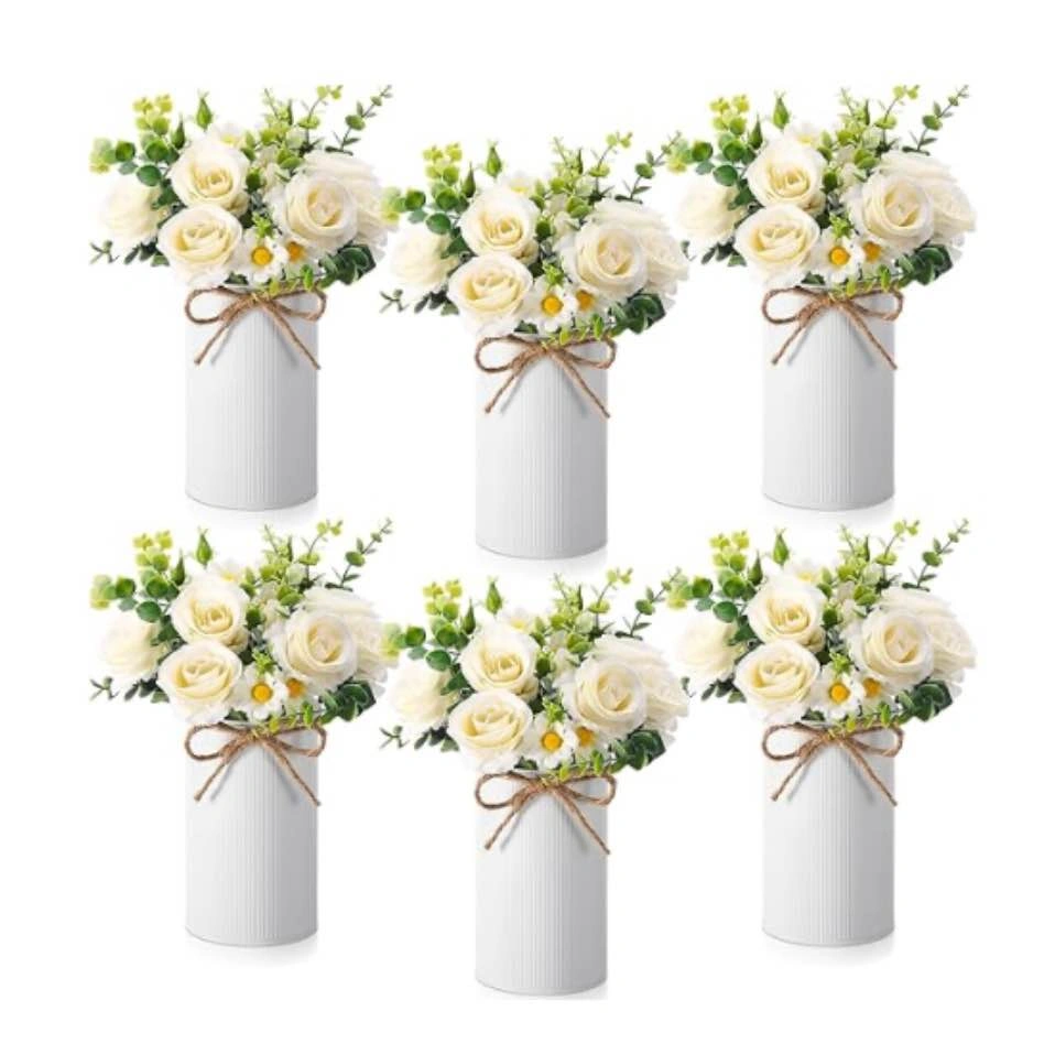 6 Sets White Rose Wedding Bouquet Centerpiece with Metal Vase - photo 2