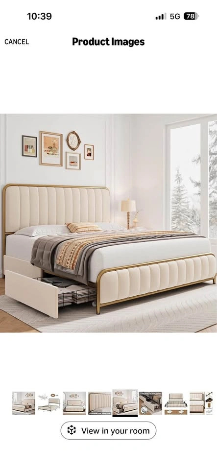 Queen Bed Frame with Storage - Beige/Cream & Gold