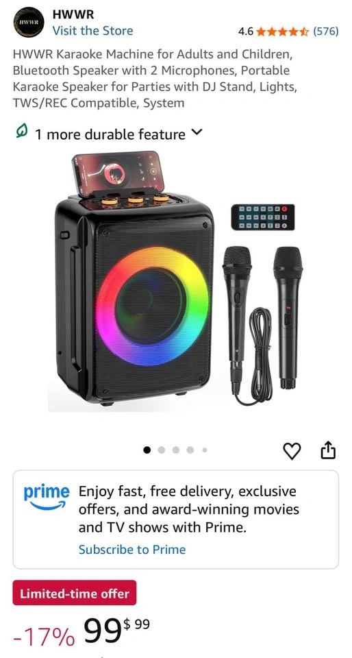 HWWR Karaoke Machine Bluetooth Speaker w/ 2 Mics - photo 2