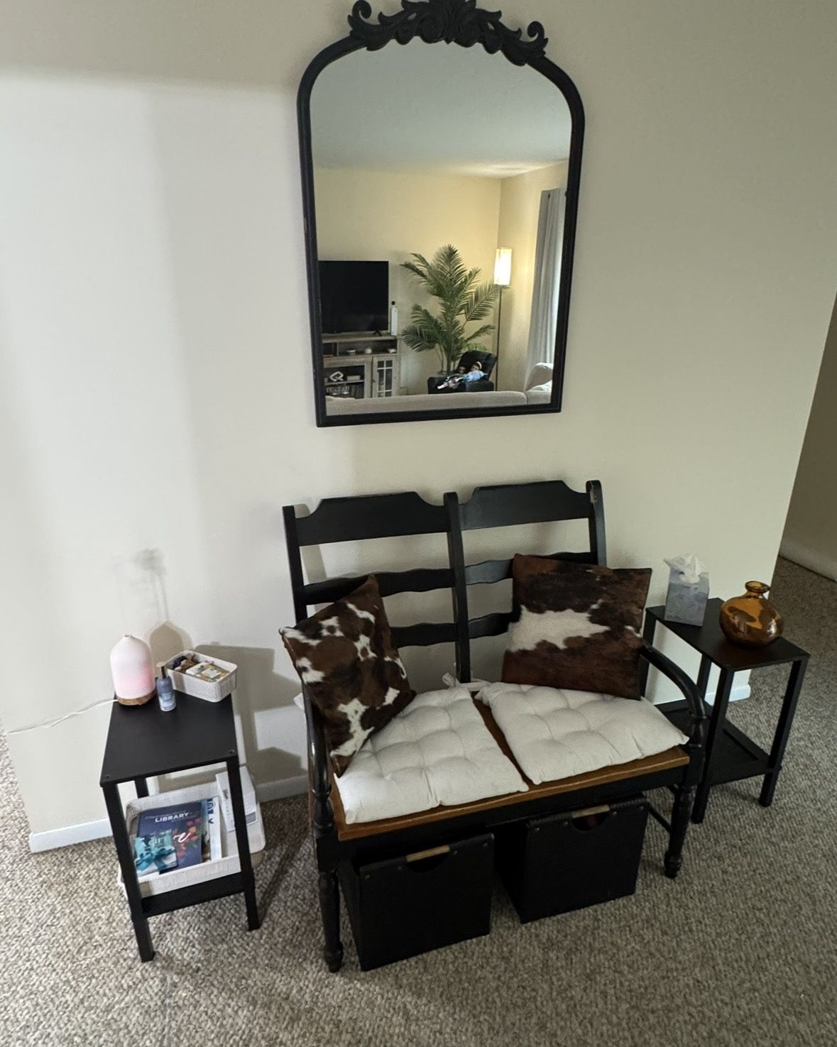 Rustic Entryway Set – Wood Bench + 2 Black End Tables - photo 2