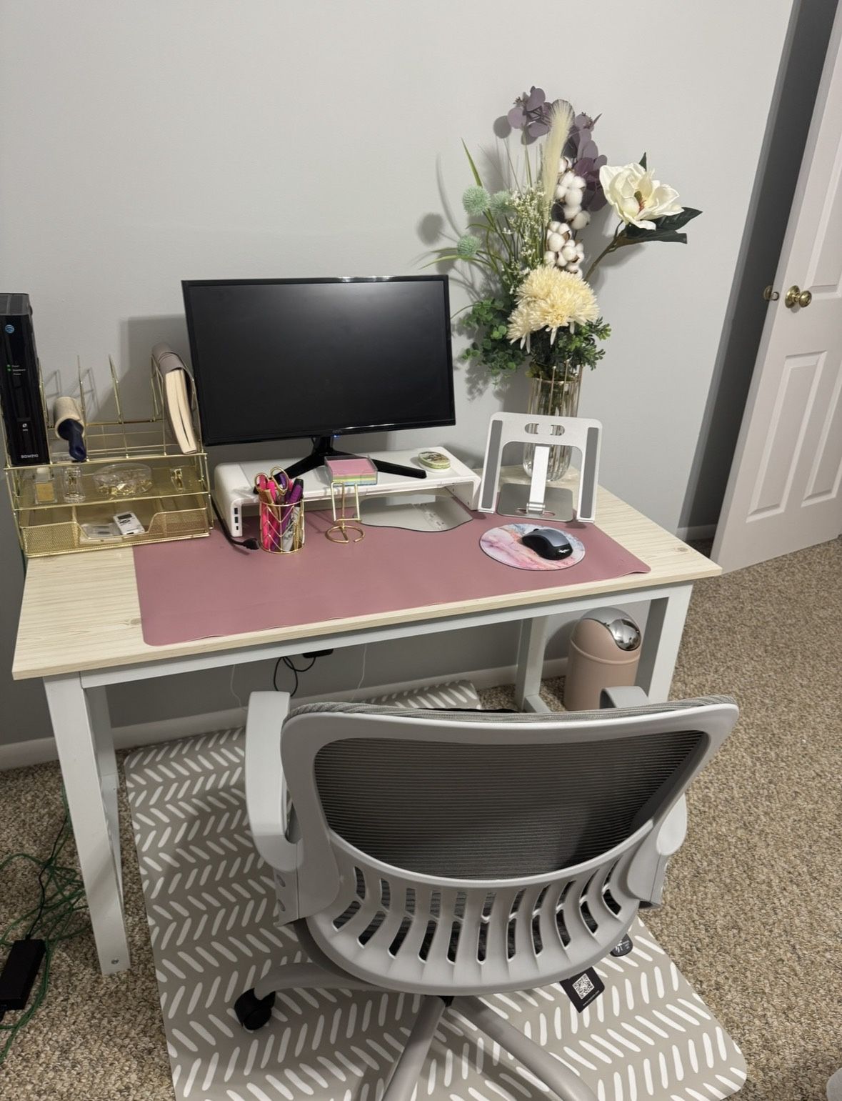 Modern White & Wood Desk + Ergonomic Office Chair Set