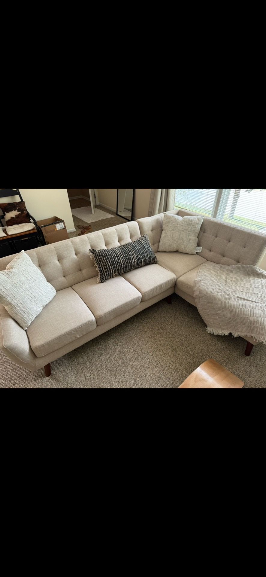 Mid Century Modern Tufted Sectional Sofa with Chaise – Cream/Oat - photo 2