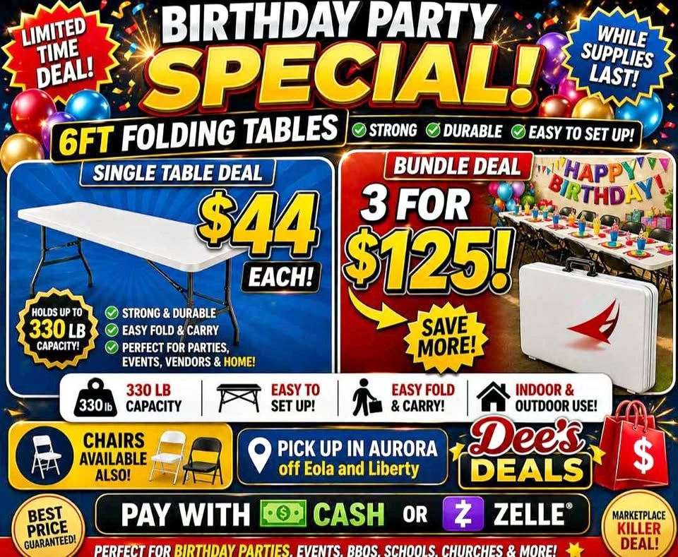 6 foot folding tables BRAND NEW IN BOX ONLY $44 or 3 for $125!