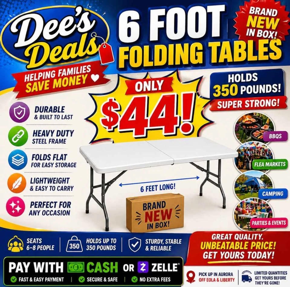 6 foot folding tables BRAND NEW IN BOX ONLY $44 or 3 for $125! - photo 3