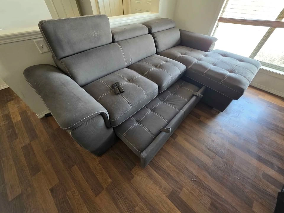 Grey Leather Sectional Sleeper Sofa w/ Adjustable Headrests - photo 3