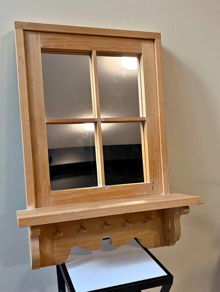 Wooden Window Style Mirrored Wall Shelf with Pegs / Hooks