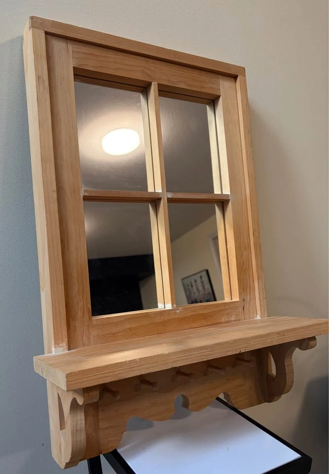 Wooden Window Style Mirrored Wall Shelf with Pegs / Hooks - photo 2