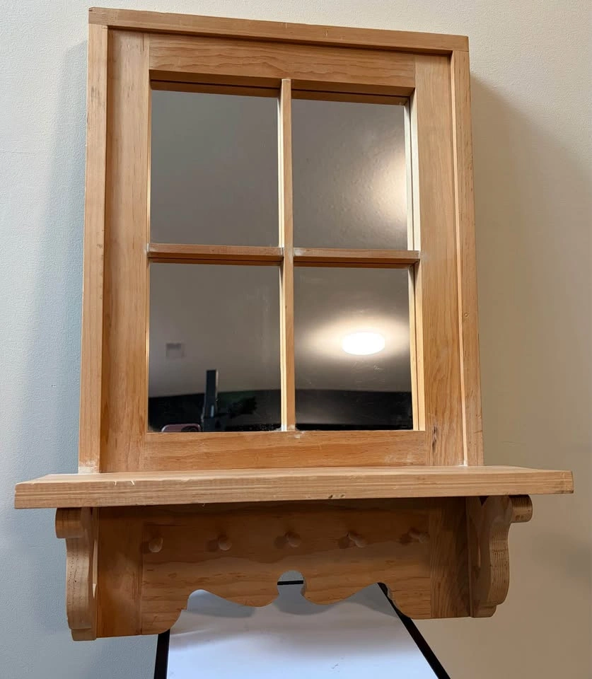 Wooden Window Style Mirrored Wall Shelf with Pegs / Hooks - photo 3