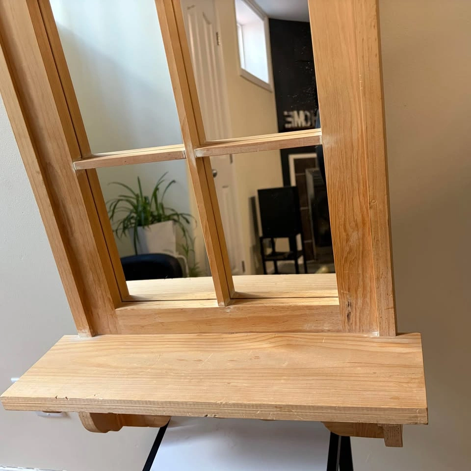 Wooden Window Style Mirrored Wall Shelf with Pegs / Hooks - photo 4