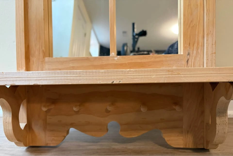 Wooden Window Style Mirrored Wall Shelf with Pegs / Hooks - photo 5