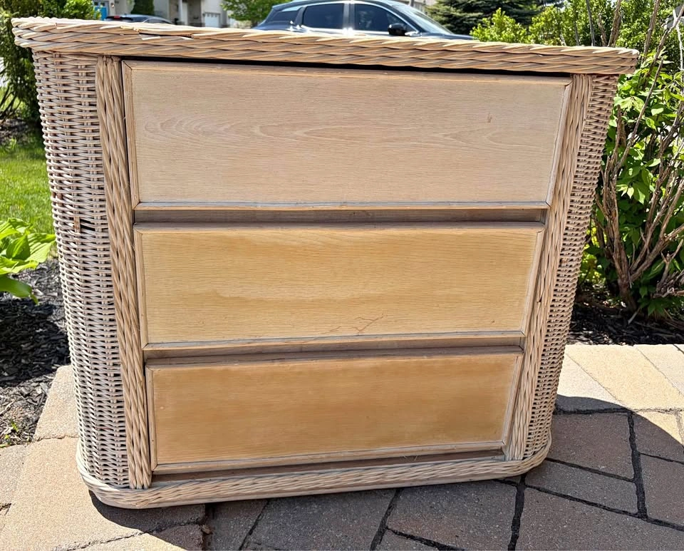 Vintage Three-toned Wicker & Wood 3-Drawer Console / Dresser