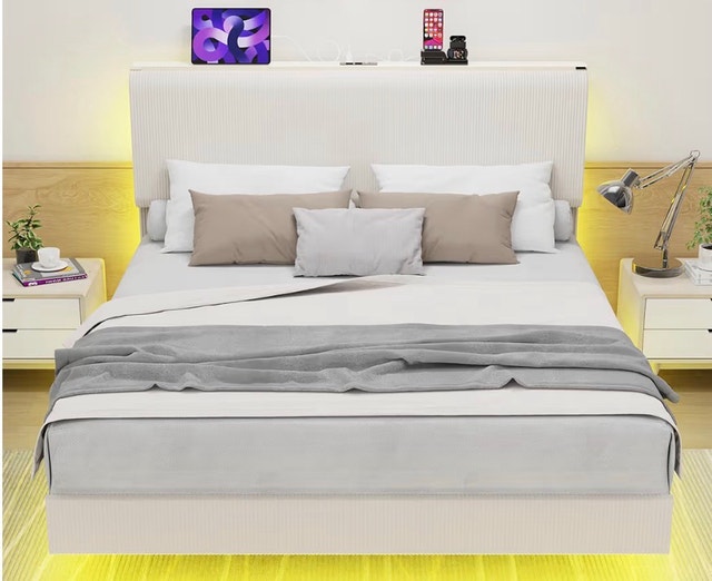 Like New Beige Full Bed Frame w/ LED + Charging Station