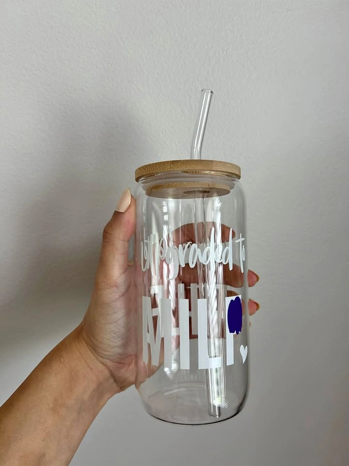 New Mom Glass Cup w/ Bamboo Lid & Glass Straw