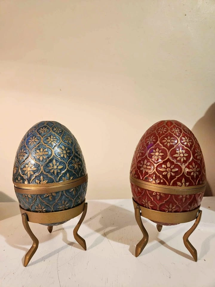 Cloisonne-style Brass Egg and Stand Pair