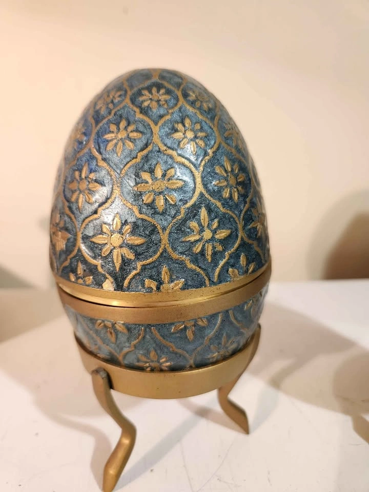 Cloisonne-style Brass Egg and Stand Pair - photo 2