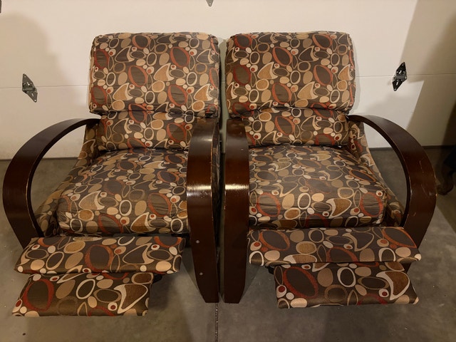 Pair of Reclining Lounge Chairs with Curved Wood Arms