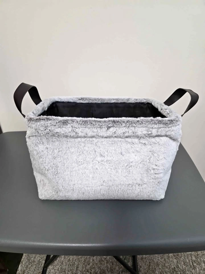 Soft Sided Gray Faux Fur Storage Basket