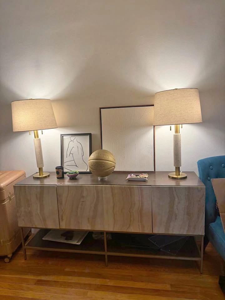 Pink marble-like credenza