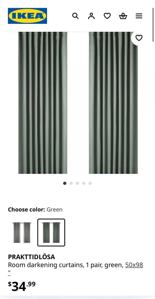 IKEA PRAKTTIDLÖSA Room Darkening Curtains - Green (50"x98")