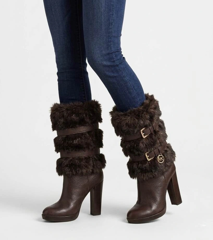 MK Brown Leather & Faux Fur Heeled Boots - Size 7