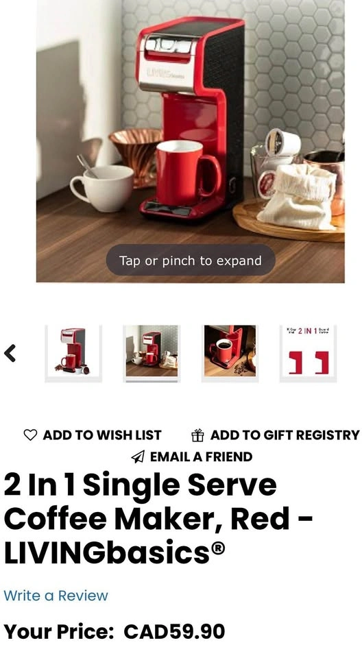 LIVING BASICS 2 IN 1 SINGLE SERVE COFFEE MAKER RED FOR SALE !!