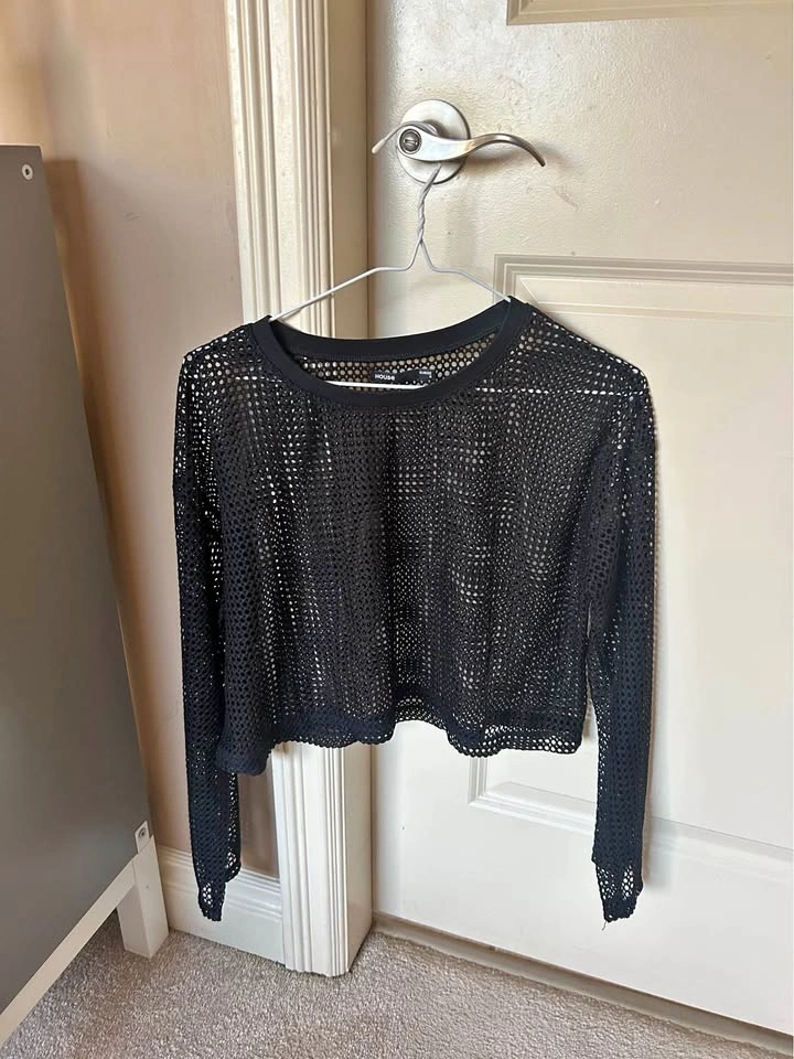 HOUSE Black Mesh Long Sleeve Crop Top S