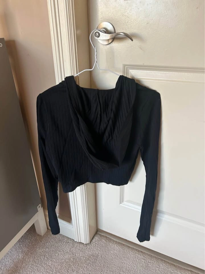 Bershka Black Ribbed Cropped Zip Hoodie L - photo 2