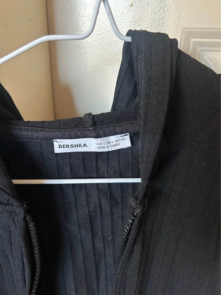 Bershka Black Ribbed Cropped Zip Hoodie L - photo 3