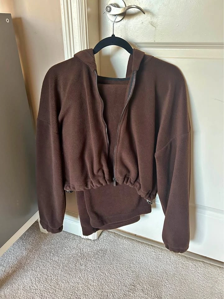 Brown Fleece Hoodie Wide Leg Pants Tracksuit Set