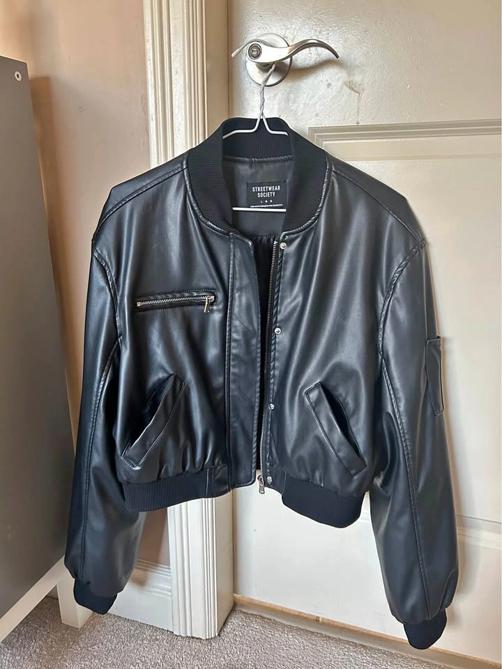 STREETWEAR SOCIETY Black Faux Leather Bomber Jacket - Large