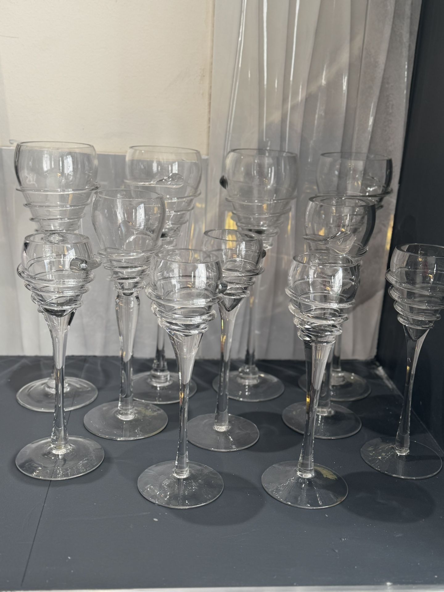11pc Glass Stem Vases (heavy); 4 (16inch) 2 (14 Inch) 5 (12 Inch