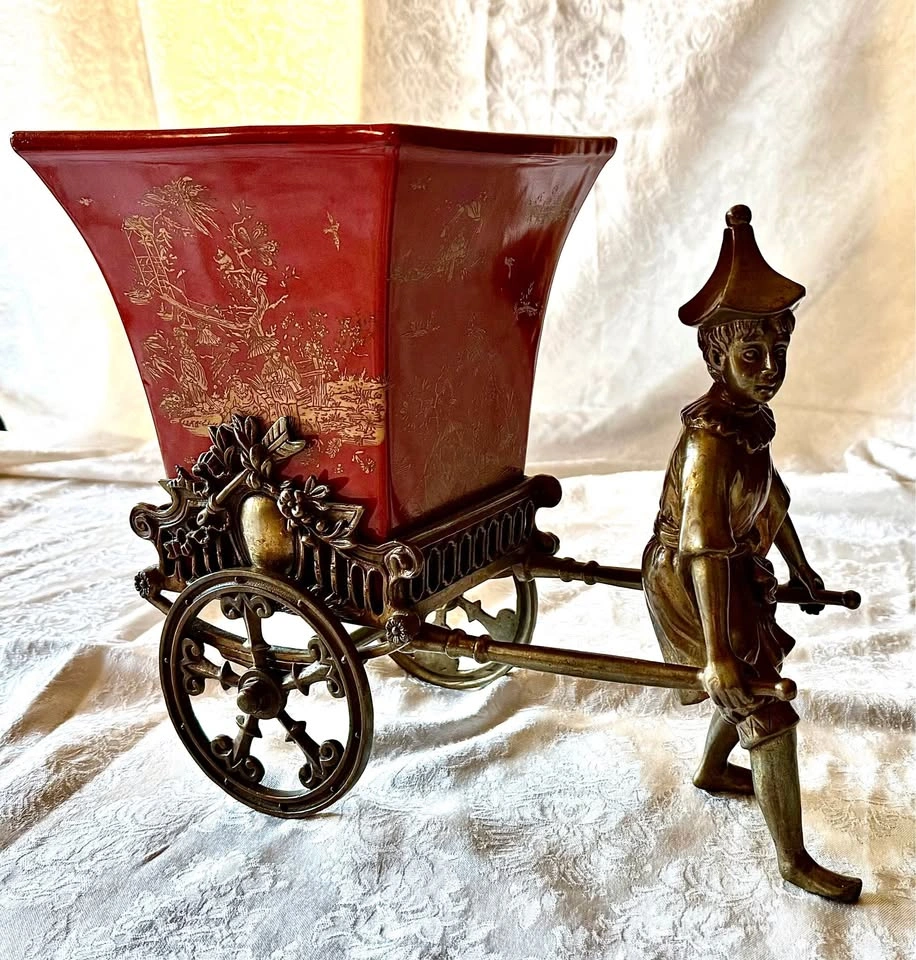 19th Century Chinese Export Ceramic Pot in Bronze Rickshaw